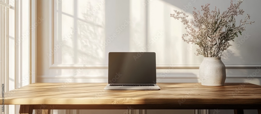 A laptop sits on a wooden desk, with a vase of flowers and sunlight streaming in the background. A laptop sits on a wooden desk, with a vase of flowers and sunlight streaming in the background.