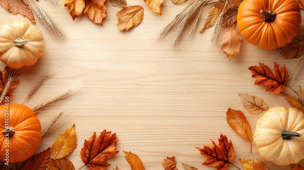 Fototapeta premium Autumn leaves and pumpkins create warm, inviting atmosphere for Thanksgiving celebrations. This minimalist background is perfect for seasonal greetings and festive decor