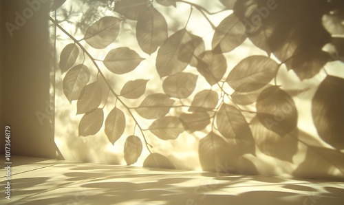 A soft, artistic shadow of leaves is projected on a light surface, creating a serene and natural ambiance. photo