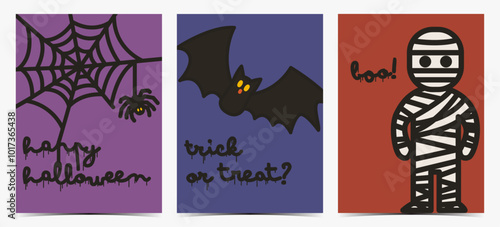 Wallpaper Mural Spooky halloween set of greeting card, postcard, invitation with spider, bat and mummy on dark, vibrant backgrounds, vector illustration Torontodigital.ca