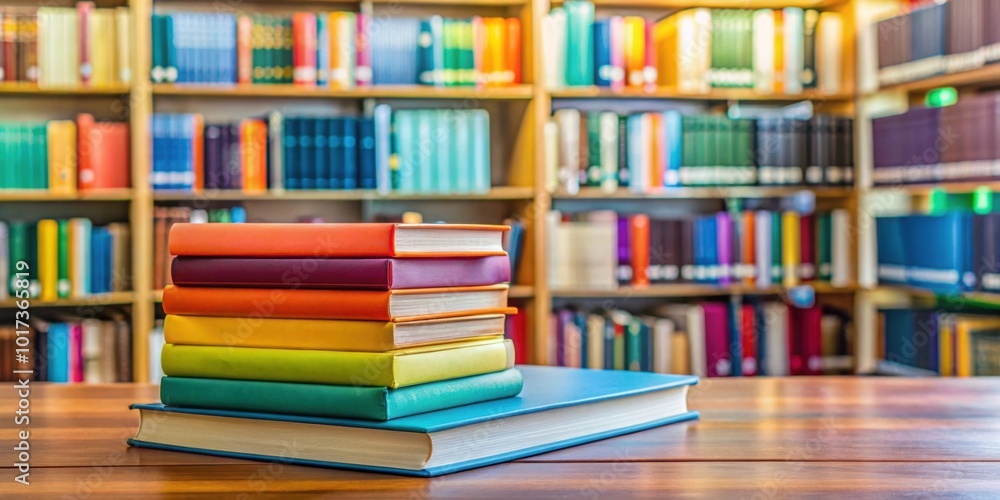 Colorful books stacked on a table in a library, books, colorful, vibrant, education, reading, literature, stacked, arrangement Colorful books stacked on a table in a library, books, colorful, vibrant, education, reading, literature, stacked, arrangement