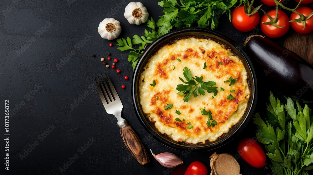 Delicious Greek moussaka served in a rustic dish, featuring layers of eggplant, melted cheese, and fragrant herbs, representing authentic Mediterranean cuisine. Culinary comfort concept Delicious Greek moussaka served in a rustic dish, featuring layers of eggplant, melted cheese, and fragrant herbs, representing authentic Mediterranean cuisine. Culinary comfort concept