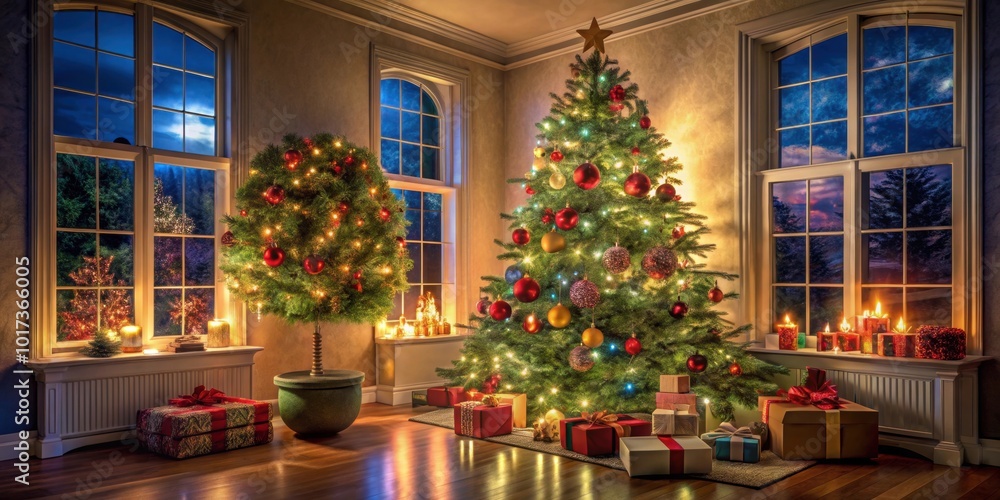 Obraz premium Christmas scene with beautifully decorated tree and ornaments, colorful lights