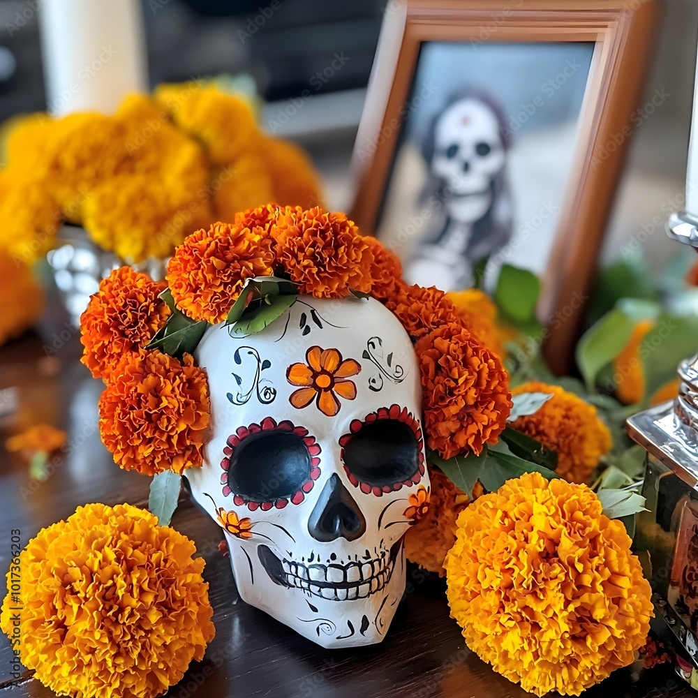 Vibrant Dia de los Muertos altar display with colorful marigolds ...
