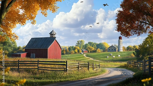 Scenic autumn farm landscape with a red barn and silo.