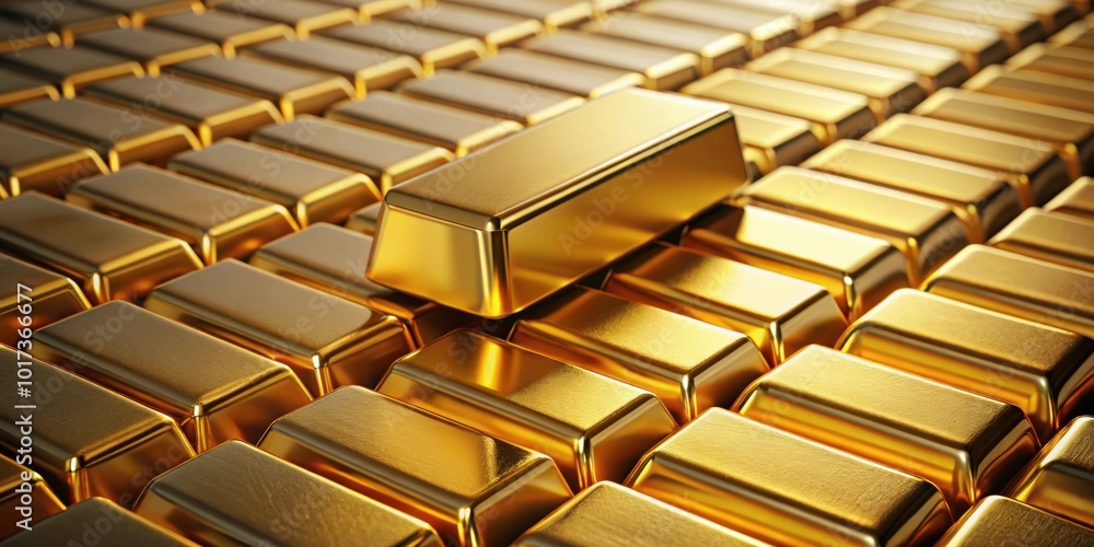 of a gold bar on stacks of gold bullions, banking, finance, wealth, investment, savings, assets, precious metal