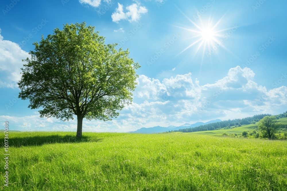 Obraz premium A solitary tree stands tall in a green field with a mountain range in the background under a bright blue sky.