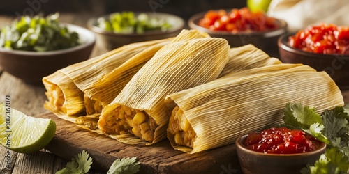 Delicious tamales neatly arranged on a rustic wooden board, showcasing golden corn husks and savory fillings with vibrant salsas and fresh cilantro. Authentic Mexican cuisine concept photo