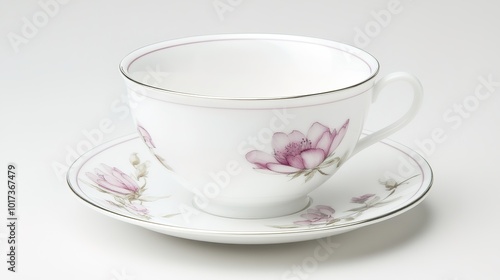 Wallpaper Mural A large, simple teacup featuring an elegant flower design on the side, resting gently on a matching saucer. The teacup is white with delicate floral patterns,  Torontodigital.ca