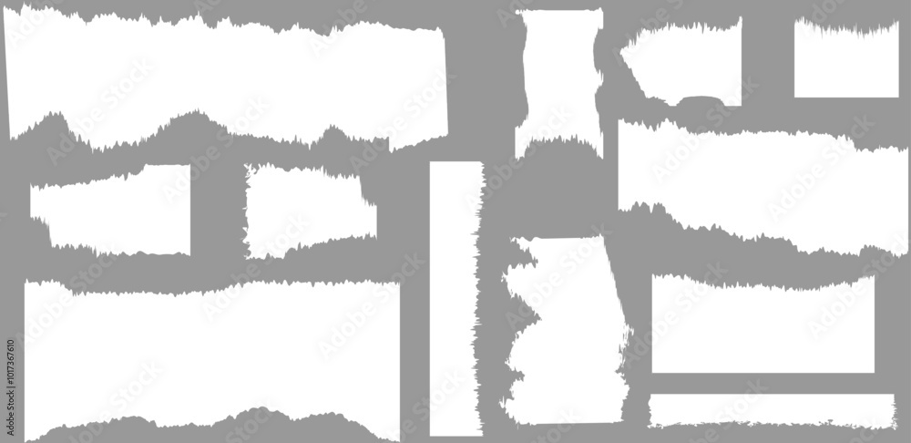 Ripped piece white papers torn blank pages jagged rectangle shapes. Torn pages with uneven texture vectors. Ripped piece white papers torn blank pages jagged rectangle shapes. Torn pages with uneven texture vectors.