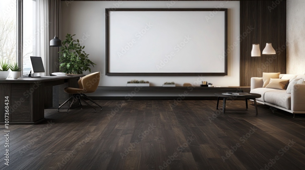 Spacious living room with dark wooden flooring, modern desk setup, and a large frame mockup above. Clean, neutral tones create a tranquil workspace. Spacious living room with dark wooden flooring, modern desk setup, and a large frame mockup above. Clean, neutral tones create a tranquil workspace.