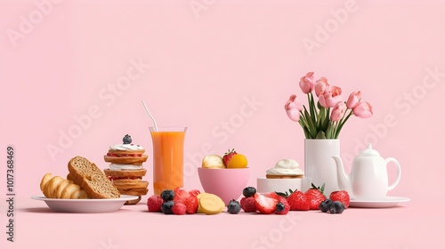 Elegant and Cozy Mother s Day Brunch Setting with a Beautifully Arranged Flowers Bouquet and Breakfast Items on a Dining Table in Flat Design photo