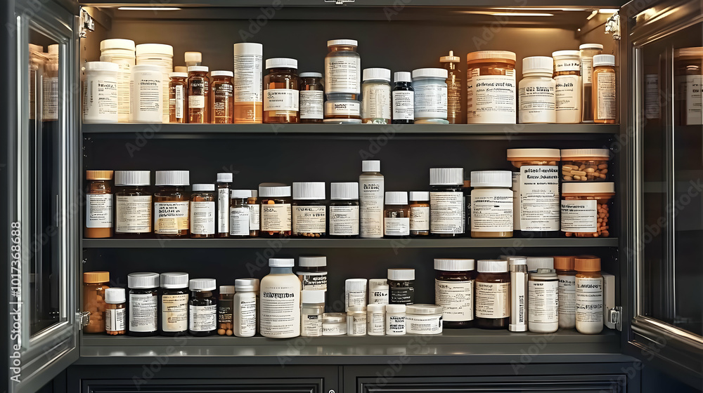 Organized shelves filled with various jars and bottles of supplements. Organized shelves filled with various jars and bottles of supplements.