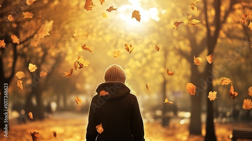 A person dressed in cozy autumn fashion strolls through a picturesque park, surrounded by vibrant golden leaves gracefully falling around them. 