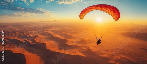 A paraglider soars over a desert landscape at sunset. The sun shines brightly in the sky, and the dunes stretch out in the distance.
