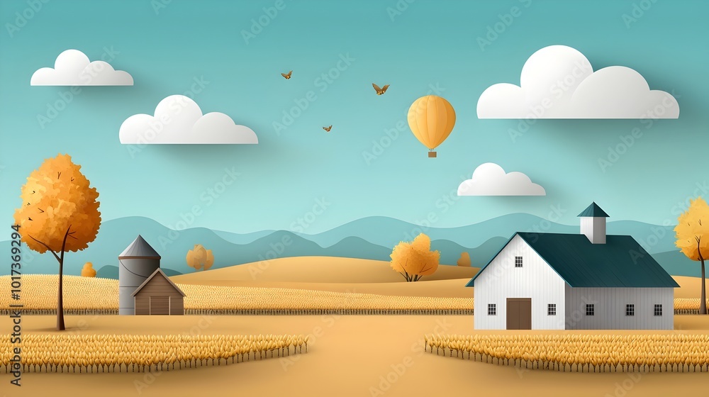 Vibrant Harvest Festival on Lush Farmland Scenic with Barns Crops and Autumn Decor in Flat Design Vibrant Harvest Festival on Lush Farmland Scenic with Barns Crops and Autumn Decor in Flat Design