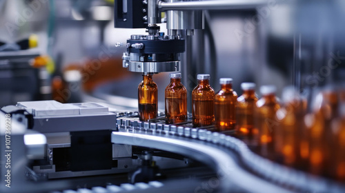 Machine filling bottles with liquid in a factory setting.