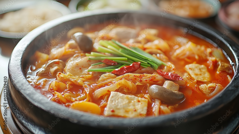 Hearty and flavorful Kimchi Jjigae featuring tender tofu, potatoes, mushrooms, and spicy kimchi. Nourishing Korean comfort food concept Hearty and flavorful Kimchi Jjigae featuring tender tofu, potatoes, mushrooms, and spicy kimchi. Nourishing Korean comfort food concept