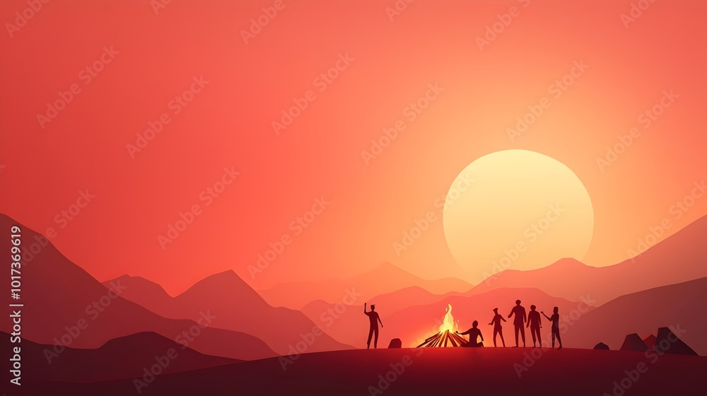 Vibrant depicting a joyful summer solstice with a central bonfire and silhouetted figures dancing around it in a flat stylized design Vibrant depicting a joyful summer solstice with a central bonfire and silhouetted figures dancing around it in a flat stylized design
