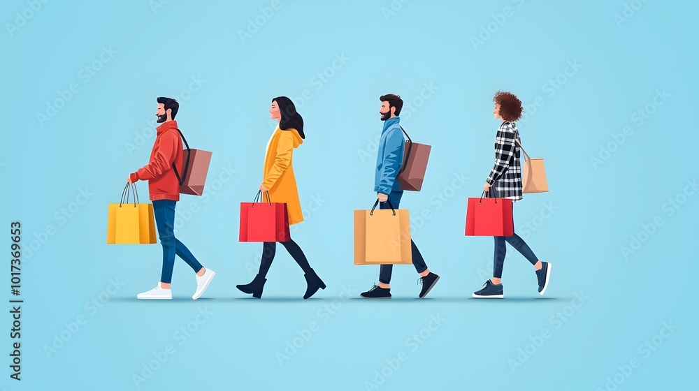 Stylized flat design depicting the busy and festive atmosphere of Black Friday shopping featuring shoppers carrying shopping bags and discounts or sales offers prominently displayed Stylized flat design depicting the busy and festive atmosphere of Black Friday shopping featuring shoppers carrying shopping bags and discounts or sales offers prominently displayed