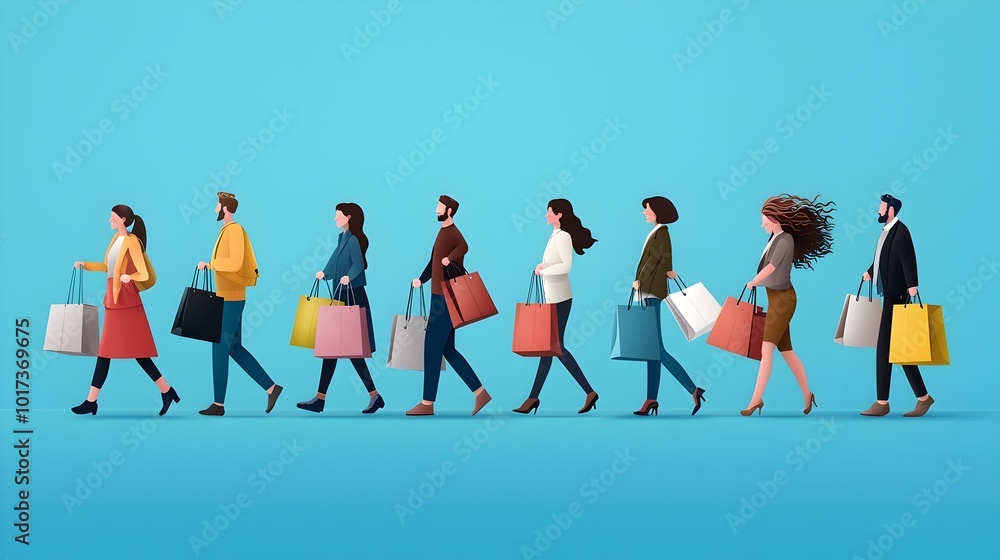 Fototapeta premium Vibrant of Shoppers Carrying Bags and Enjoying Discounts During the Bustle of Black Friday Shopping Event at a Crowded Retail Mall
