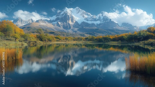 crystal clear lake reflecting the majesty of towering snowcapped mountains surrounded by lush greenery and a vibrant sky creating a breathtaking natural landscape that inspires awe and tranquility