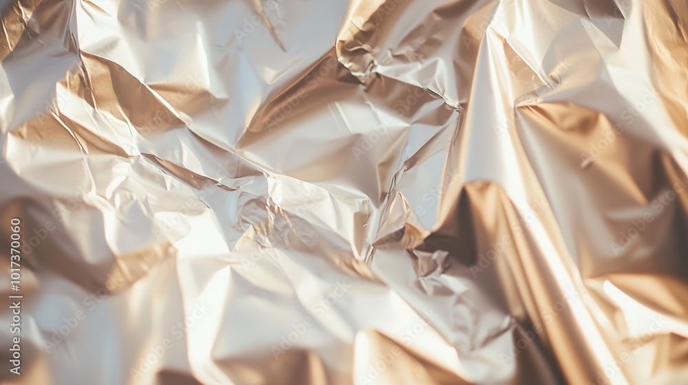 A captivating photograph of a crumpled piece of foil on a white background, illuminated by warm golden light from the right side. The light casts soft shadows, enhancing the elegant composition A captivating photograph of a crumpled piece of foil on a white background, illuminated by warm golden light from the right side. The light casts soft shadows, enhancing the elegant composition