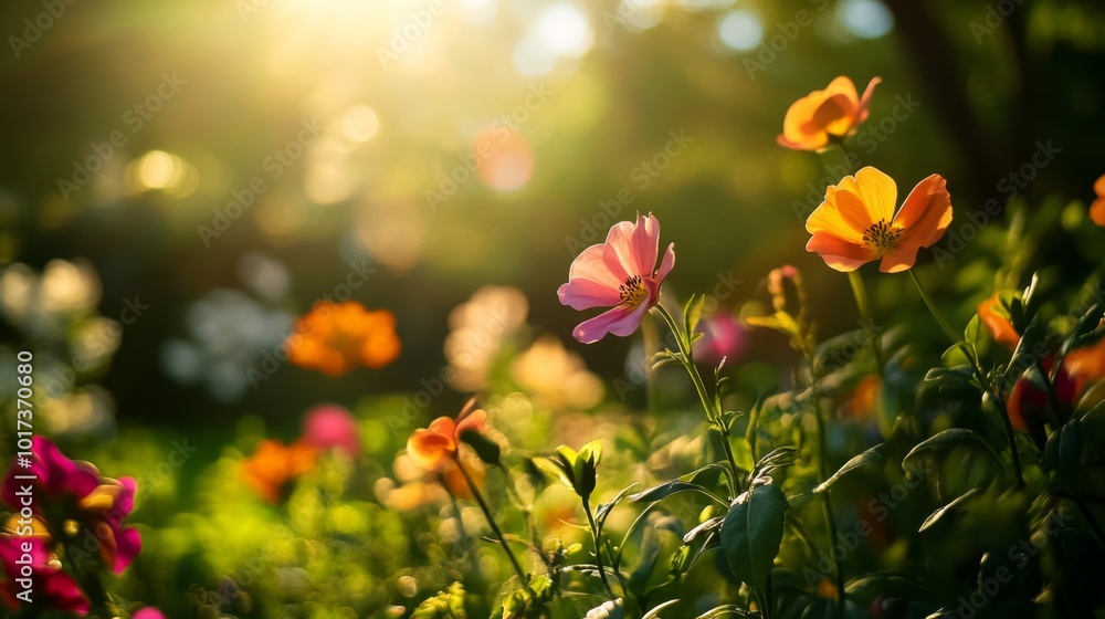 Vibrant flowers bloom in a sunny garden. Vibrant flowers bloom in a sunny garden.
