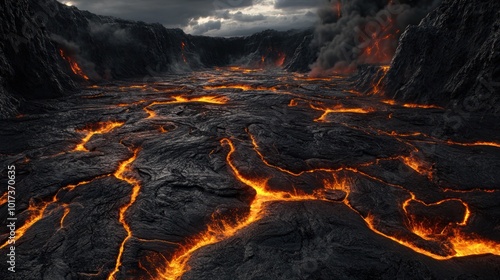 A close-up of the surface of a volcanic planet, with fiery fissures cracking open the ground, and enormous lava flows carving through jagged, blackened rock formations.