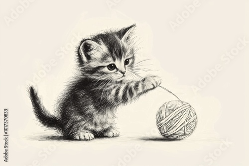 Wallpaper Mural A playful kitten engages with a ball of yarn, showcasing its curiosity and playful nature in a charming sketch-like illustration. Torontodigital.ca