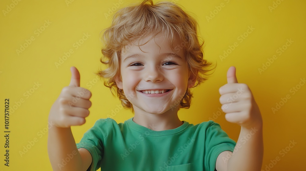A young boy with blonde curly hair gives a thumbs up while smiling against a yellow background. A young boy with blonde curly hair gives a thumbs up while smiling against a yellow background.