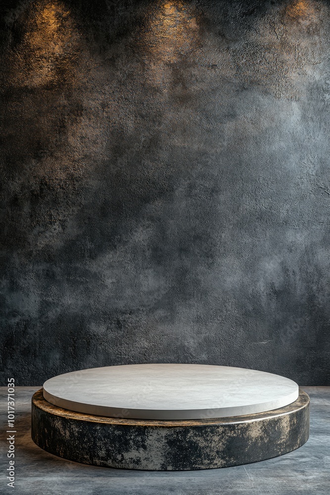 White Marble Platform on Weathered Black and Gold Base Against Rough Concrete Wall White Marble Platform on Weathered Black and Gold Base Against Rough Concrete Wall