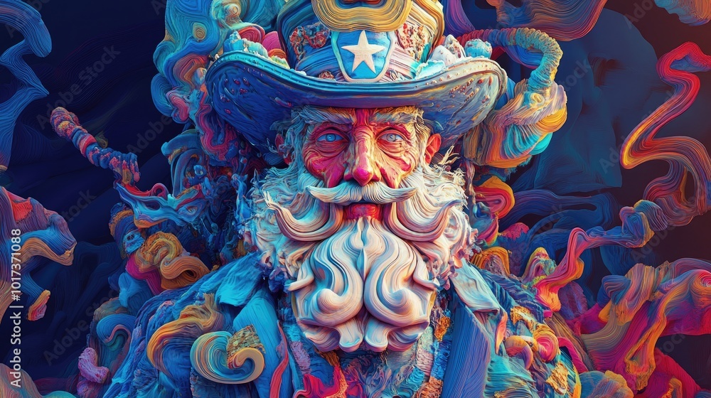 Naklejka premium Vibrant Abstract Portrait of a Bearded Man in Colorful Swirls and Textures with a Starred Hat