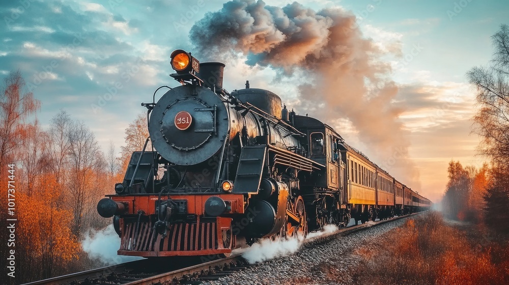 Obraz premium Vintage Steam Locomotive Traveling Through Autumn Landscape with Dramatic Sky and Vibrant Foliage