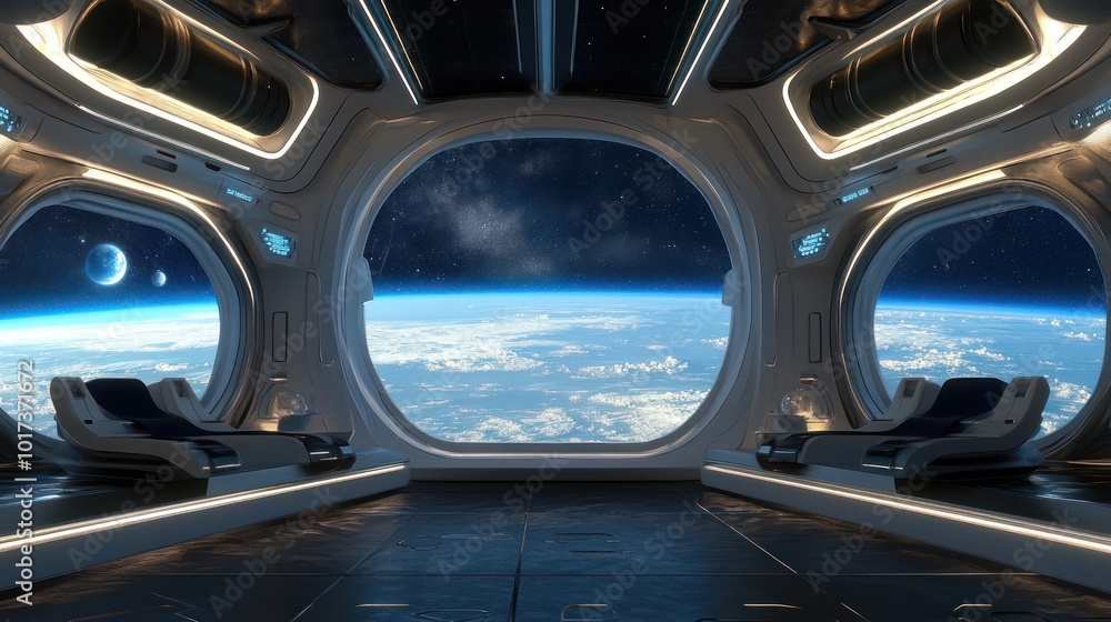 A commercial space station module designed for luxury tourism, featuring large windows, floating passengers, and sleek, modern interiors that offer stunning views of the stars. A commercial space station module designed for luxury tourism, featuring large windows, floating passengers, and sleek, modern interiors that offer stunning views of the stars.