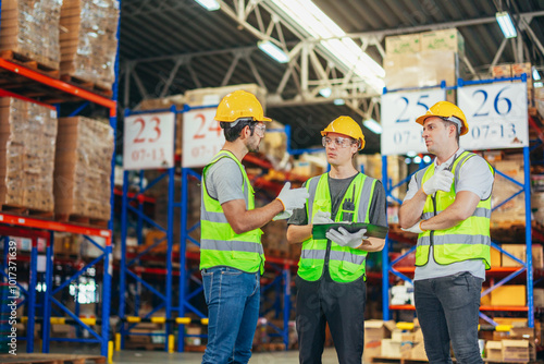 Three warehouse workers using a digital tablet while recording inventory. Logistics employees working with warehouse management software in a large distribution centre.