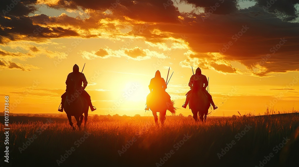 Fototapeta premium Three Medieval Knights on Horseback Silhouetted Against a Dramatic Sunset Sky in a Vast Open Field
