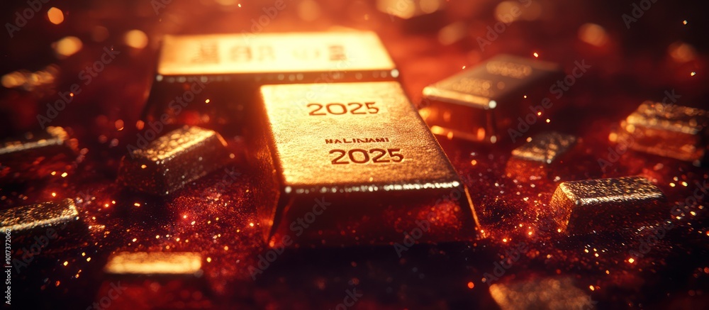 Gold bars with the year 2025 engraved on them, scattered on a re Gold bars with the year 2025 engraved on them, scattered on a re