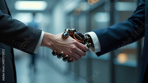 Robot hand shaking with a human a symbol of future business cooperation Combining artificial intelligence and human touch for technological evolution