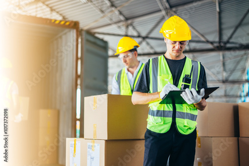 Three warehouse workers using a digital tablet while recording inventory. Logistics employees working with warehouse management software in a large distribution centre.