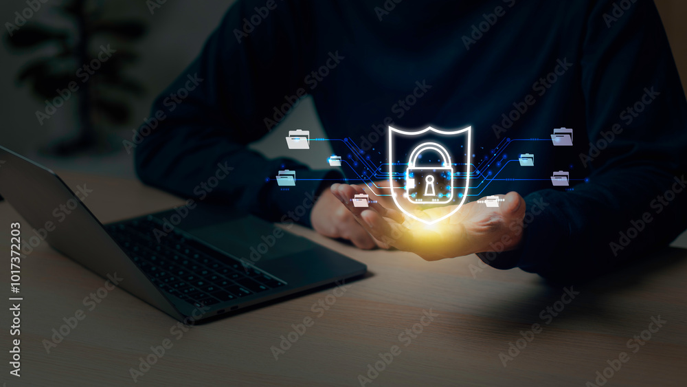 Businessman using a laptop folder Document management system concept, software system for managing documents, information, Digital file storage system or software, database technology, file access.