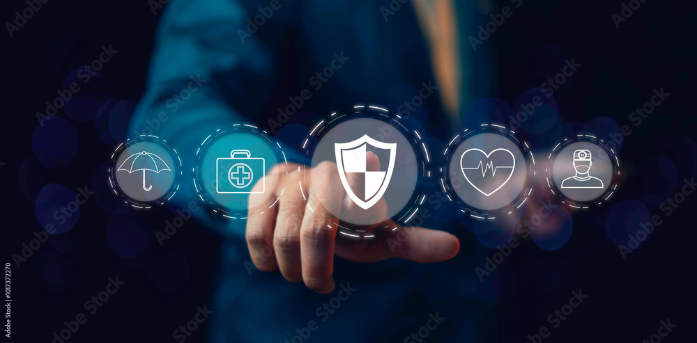 Businessman touch shield, healthcare medical, health and access to welfare health. the healthcare and medical, insurance and the health, highlighting access to welfare, health services,