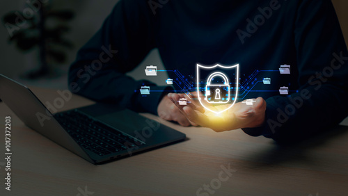 Obraz na płótnie Businessman using a laptop folder Document management system concept, software system for managing documents, information, Digital file storage system or software, database technology, file access. w salonie