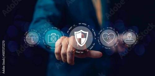 Obraz na płótnie Businessman touch shield, healthcare medical, health and access to welfare health. the healthcare and medical, insurance and the health, highlighting access to welfare, health services, w salonie