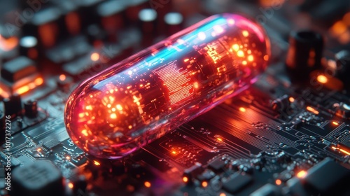 digital pills resting on a circuit board showcasing the fusion of artificial intelligence and healthcare technology in a sleek futuristic design