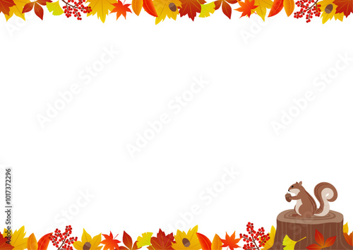 秋の紅葉とリスの上下のフレームのイラスト_横向き
