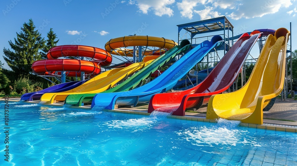 Splashing Good Time: Colorful Water Slides in an Outdoor Aquapark Setting Splashing Good Time: Colorful Water Slides in an Outdoor Aquapark Setting