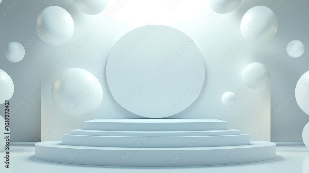 Abstract Minimalist White Platform with Floating Spheres Abstract Minimalist White Platform with Floating Spheres