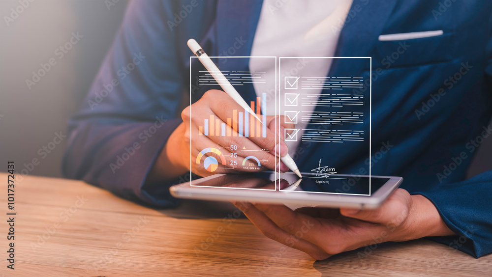businessman checklist document online on cloud, Compliance to regulations service and standards. checking searching document paperwork or report Documents data.