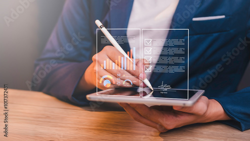 Obraz na płótnie businessman checklist document online on cloud, Compliance to regulations service and standards. checking searching document paperwork or report Documents data. w salonie
